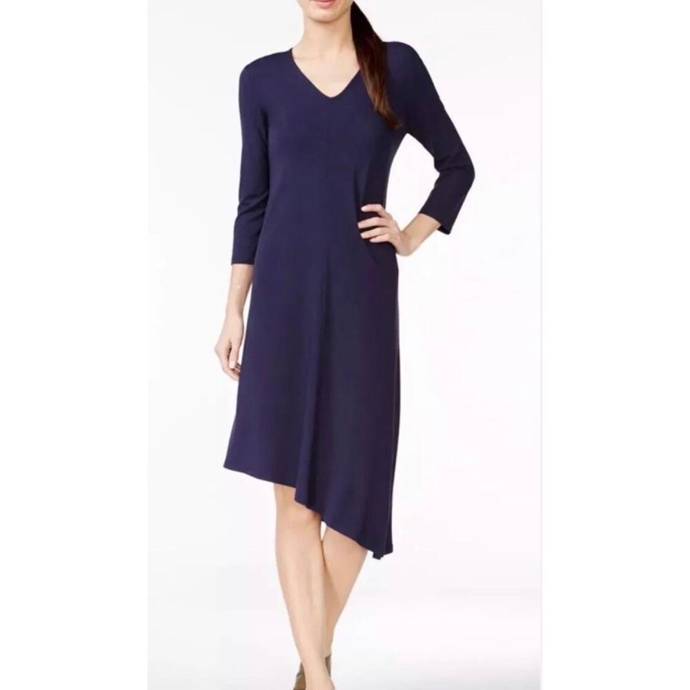 Eileen Fisher Navy Viscose Jersey V-Neck Asymmetrical Hem Midi Dress - Size XS